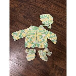 Handmade Crochet Yellow Green Baby Sweater, booties, and hat 0-6 months Vintage